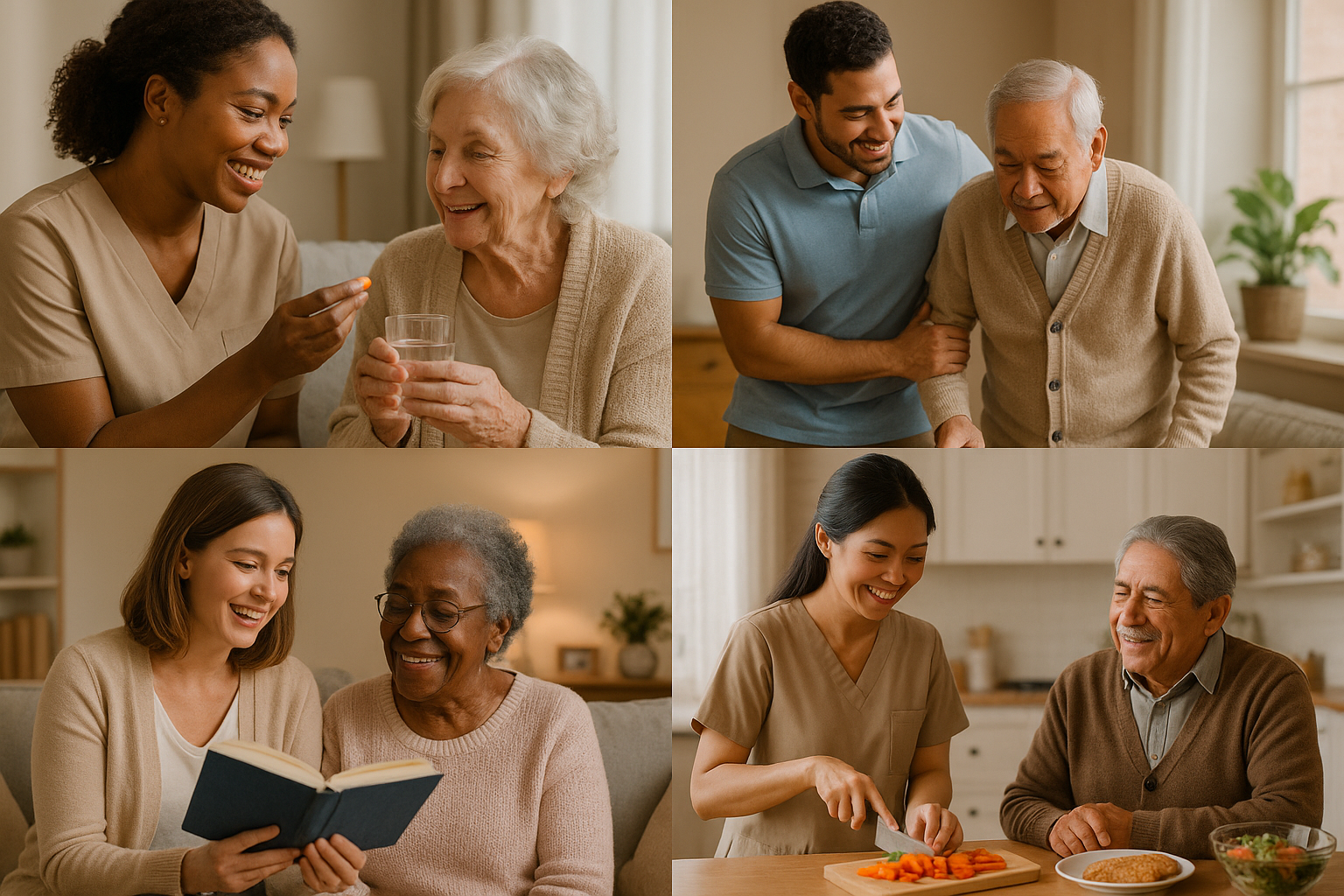 A collage of different races of caregivers taking care of elderly people at their homes