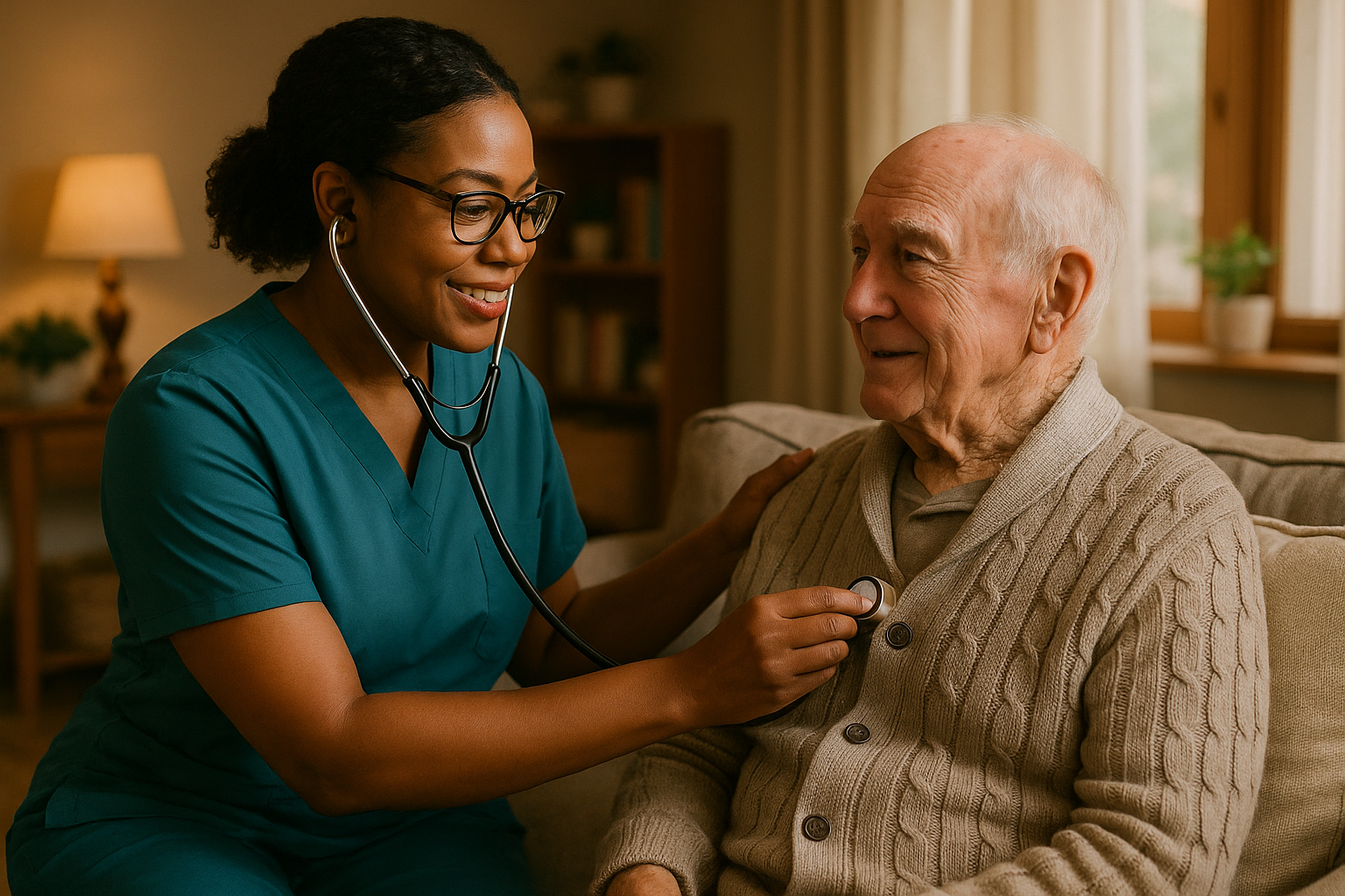 black person helping a senior out in health care listening to the elderly person heart beat in their home