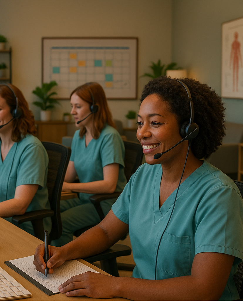 Caregiver team answering calls in a business